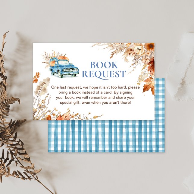 Carte De Visite Demande de Baby shower de camion Citrouille bleu I (Boys Blue Pumpkin Truck Baby Shower Book Request Insert, Fall Boys Baby Shower Little Pumpkin  Books)