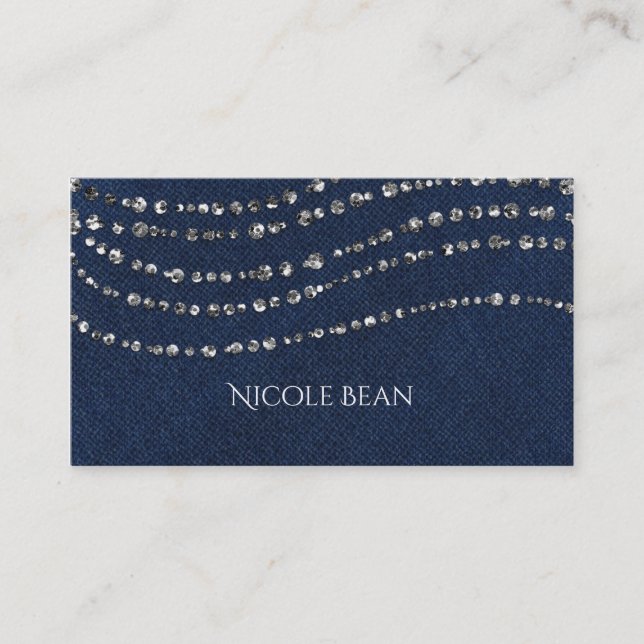 Carte De Visite Denim Bleu & Diamants Faux Brillant Pailleté (Devant)