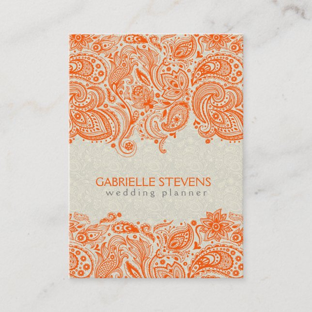 Carte De Visite Dentelle Florale Orange Et Beige Paisley (Devant)