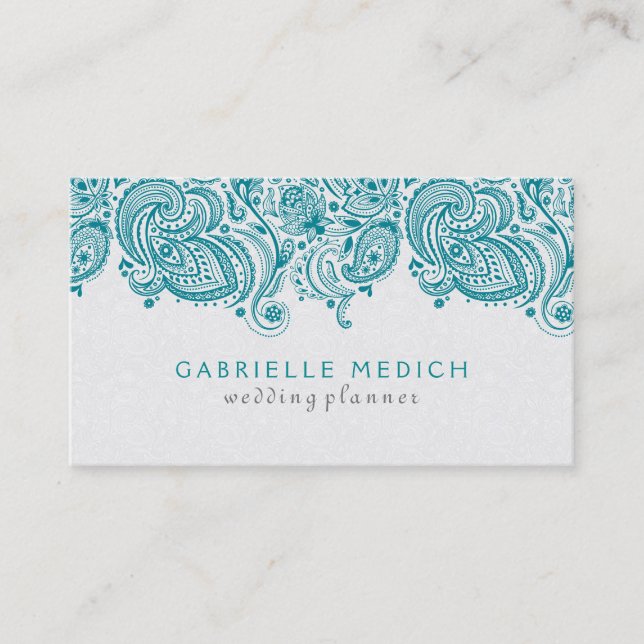 Carte De Visite Dentelle florale Turquoise et blanche (Devant)