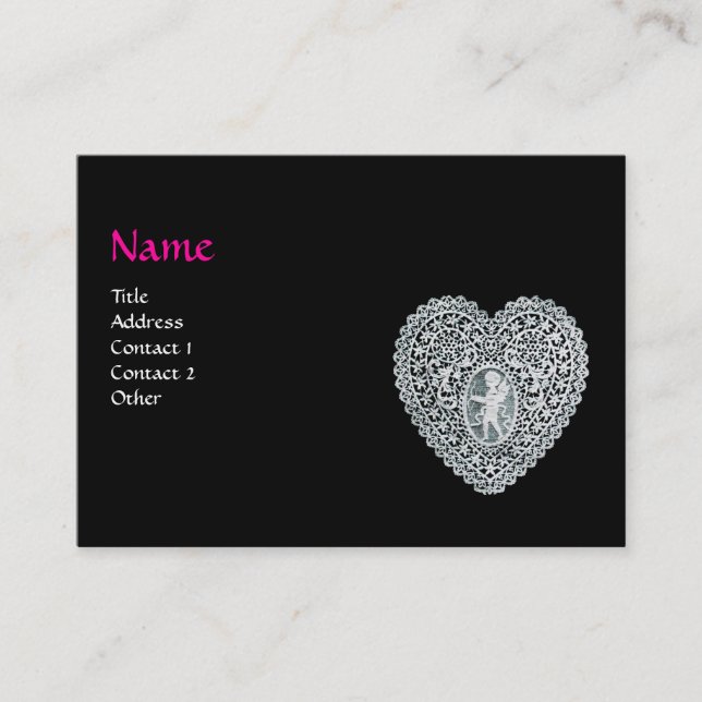 Carte De Visite DENTELLE MONOGRAMME CŒUR CUPIDON, rose, fuchsia (Devant)