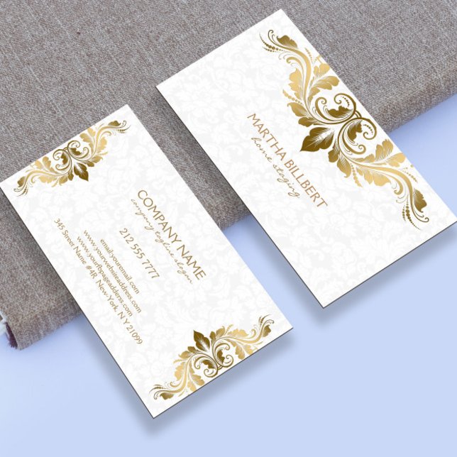 Carte De Visite Dentelle Tourbillonnant d'or sur les Damas blanche (Créateur téléchargé)