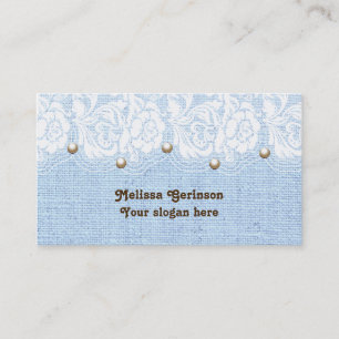Carte De Visite Dentelles blanches et perles sur burlap bleu