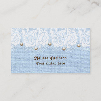 Carte De Visite Dentelles blanches et perles sur burlap bleu