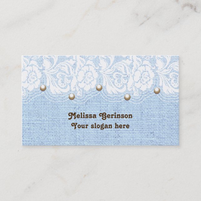 Carte De Visite Dentelles blanches et perles sur burlap bleu (Devant)