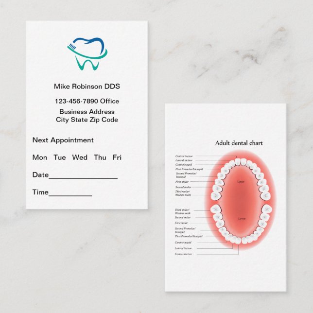 Carte De Visite Dentist Appointment And Tooth Chart Busines (Devant / Derrière)
