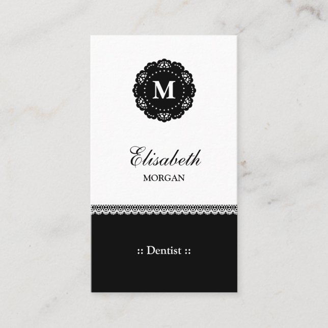 Carte De Visite Dentiste Élégant noir Lace Monogramme (Devant)