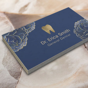 Carte De Visite Dentiste embout doré bleu marine floral soins dent