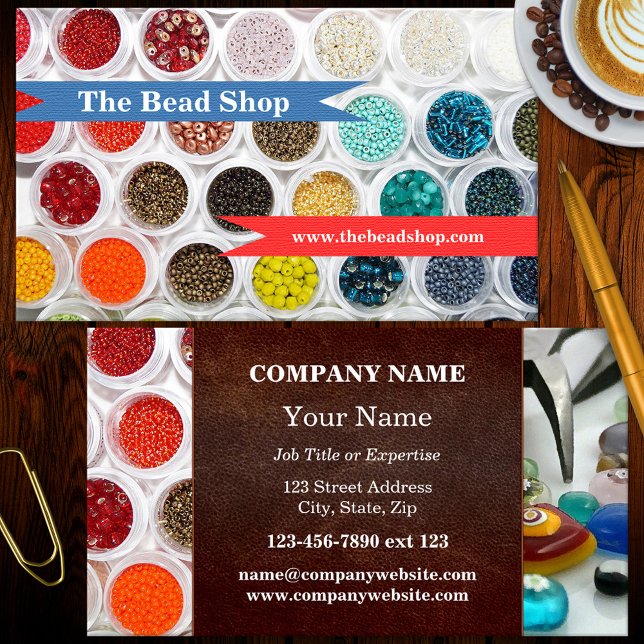 Carte de visite d'entreprise de bijoux faits main  (A colorful business card featuring imagery of beads. Beautiful for a bead shop or jewelry maker)