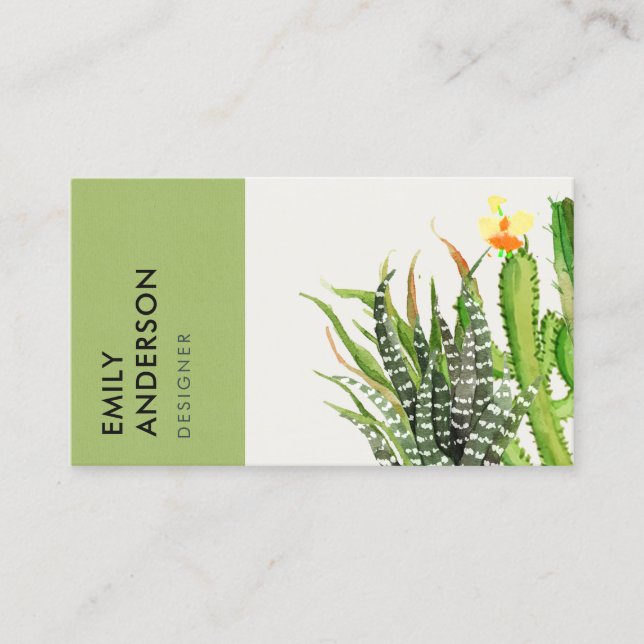 CARTE DE VISITE DÉSERT MODERNE CACTUS JARDIN FLEURI COULEUR D'EAU (Devant)