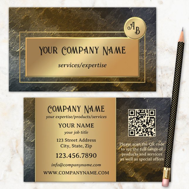 Carte De Visite Design de monogramme professionnel QR métallisé or (Créateur téléchargé)