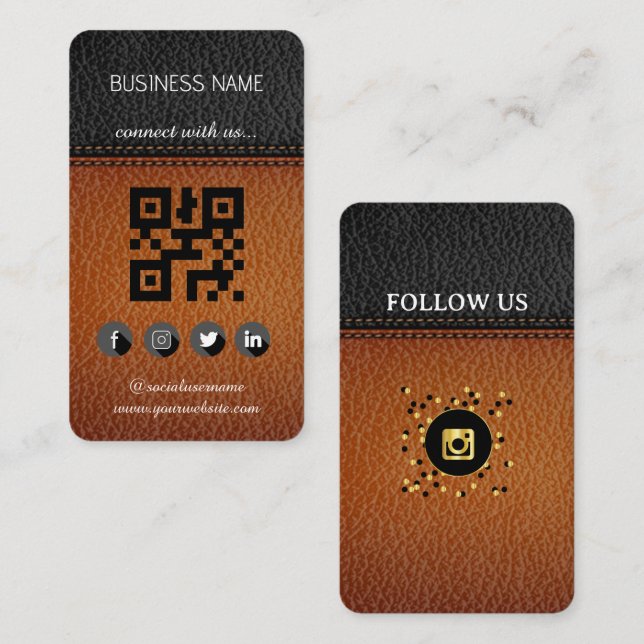 Carte De Visite Design en cuir Brown-noir-médias sociaux Code QR (Devant / Derrière)