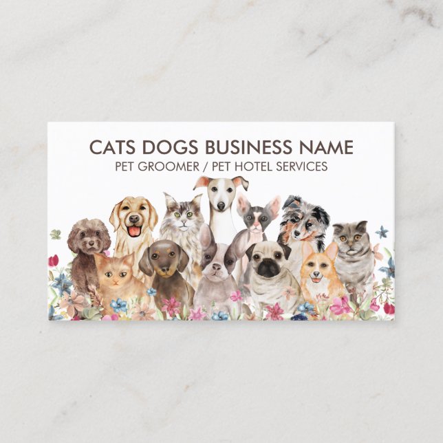 Carte De Visite Design floral blanc avec chiens chats (Devant)