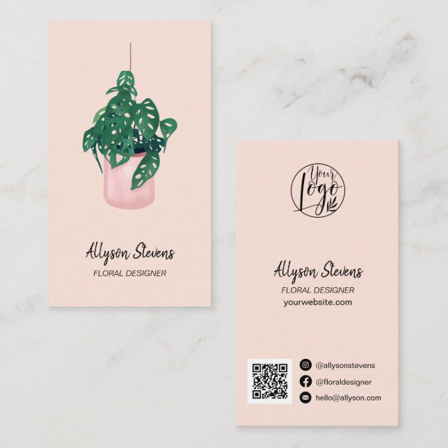 Carte De Visite Design floral moderne monstera rose logo qr code (Devant / Derrière)
