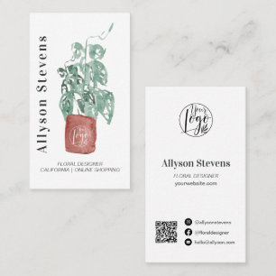 Carte De Visite Design floral moderne plante blanc logo qr code