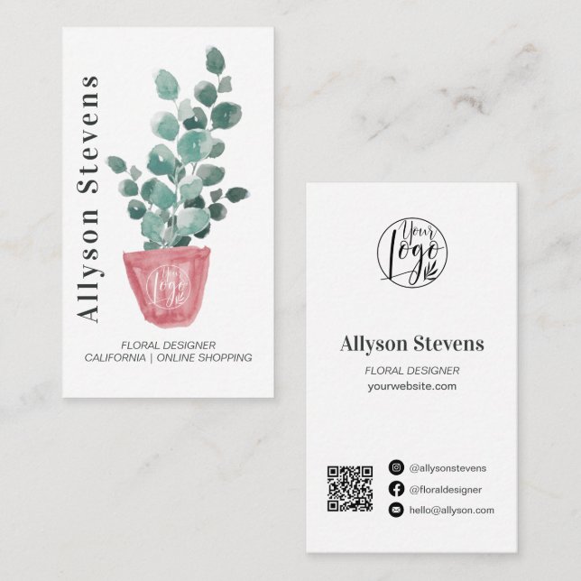 Carte De Visite Design floral moderne plante blanc logo qr code (Devant / Derrière)