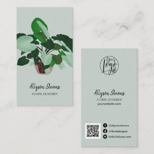 Carte De Visite Design floral moderne plante vert logo qr code