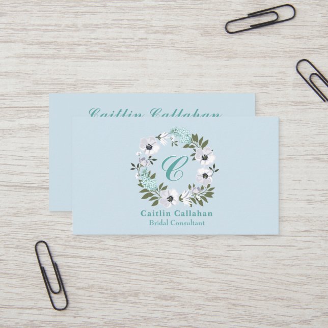 Carte De Visite Design floral noir, blanc et Turquoise monogramme (Devant/Arrière en situation)
