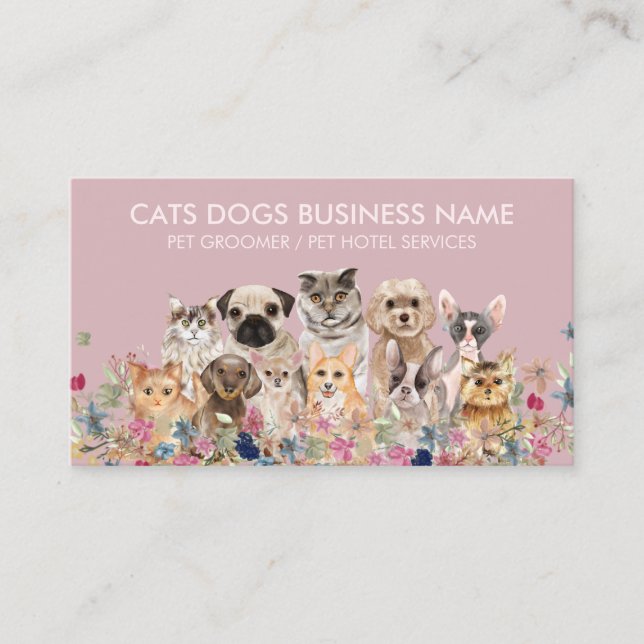 Carte De Visite Design floral rose avec Chiens de chats (Devant)
