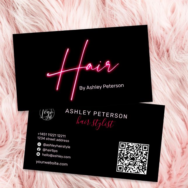 Carte De Visite Design glam rose néon cheveux script logo qr code (Créateur téléchargé)