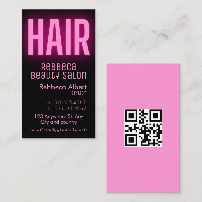 Carte De Visite Design glam rose néon cheveux script logo qr code (Devant / Derrière)