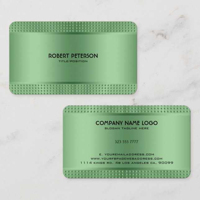 Carte De Visite Design métallique brillant vert en acier inoxydabl (Devant / Derrière)