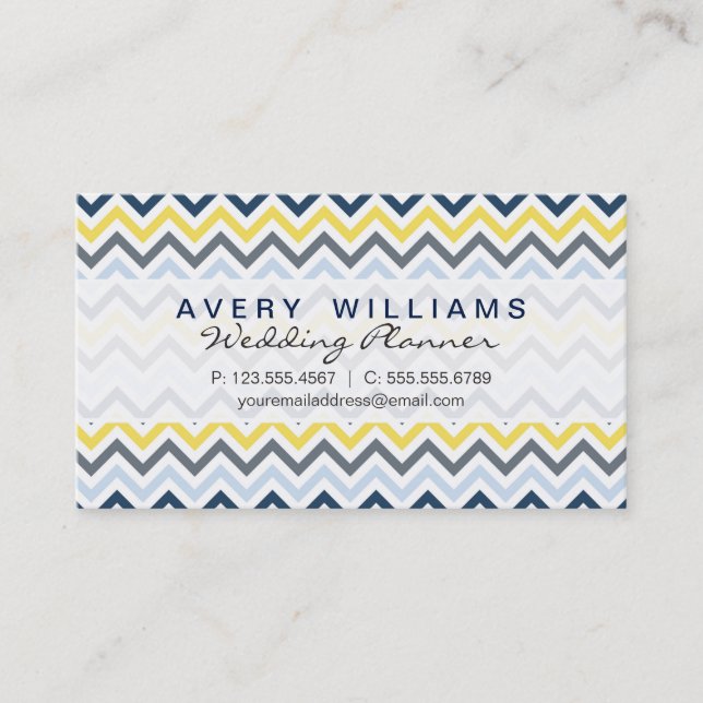 Carte De Visite Design moderne, bleu marine, jaune et gris Chevron (Devant)