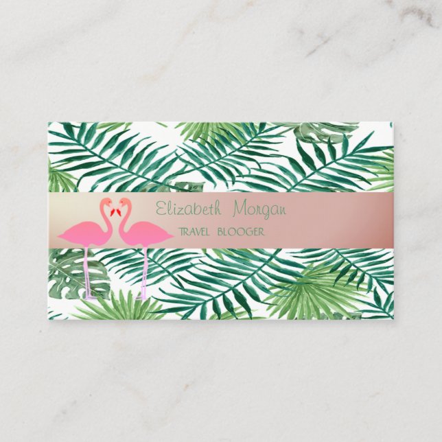 Carte De Visite Design moderne, Feuilles Tropical Palm, Flamants r (Devant)