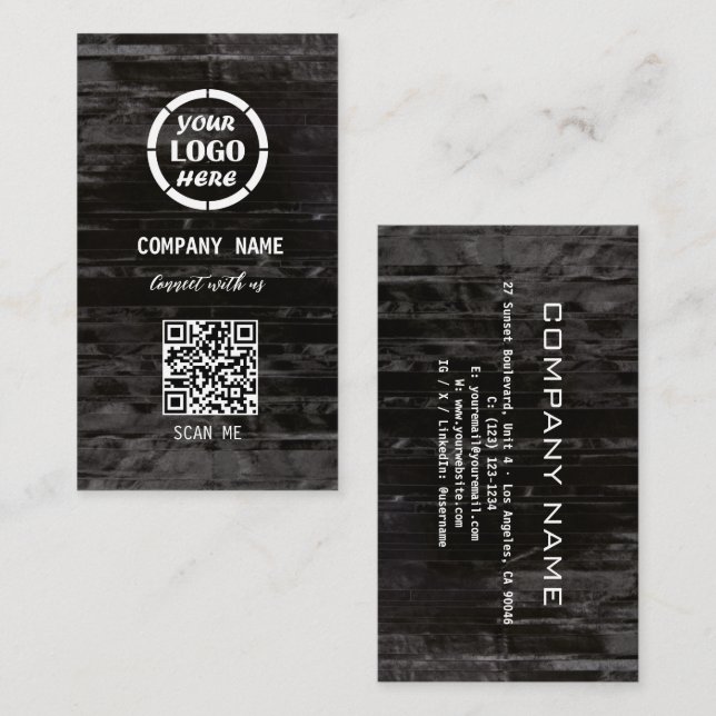 Carte De Visite Design professionnel en bois noir Code QR moderne (Devant / Derrière)