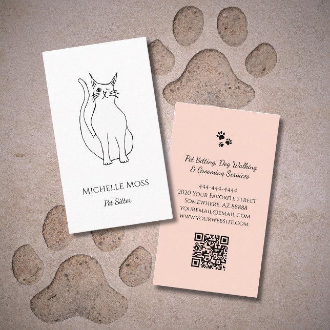 Carte De Visite Dessin de chat mignon Code QR professionnel Animau (Créateur téléchargé)