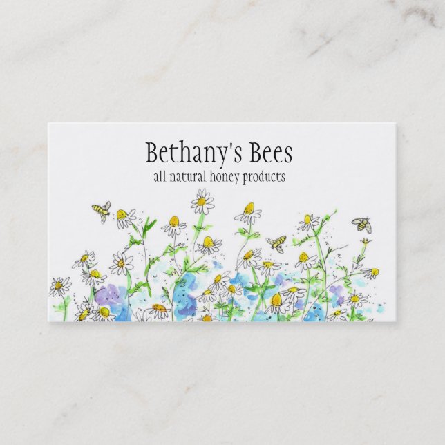 Carte De Visite Dessin des fleurs de chamomille des abeilles de mi (Devant)