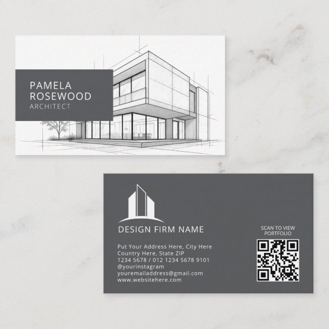 Carte De Visite Dessin Technique Architectural Blanc Gris (Devant / Derrière)