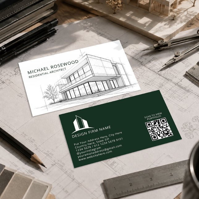 Carte De Visite Dessin technique d'architecte Sketch | Vert (Créateur téléchargé)