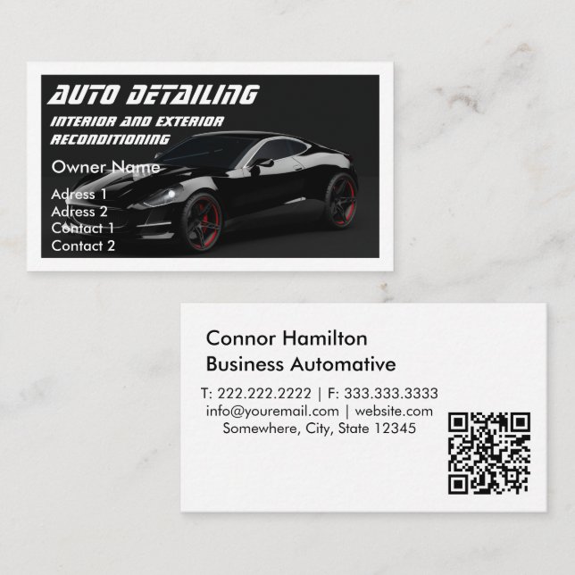 Carte De Visite Détail automatique Automotive Wash noir code qr (Devant / Derrière)