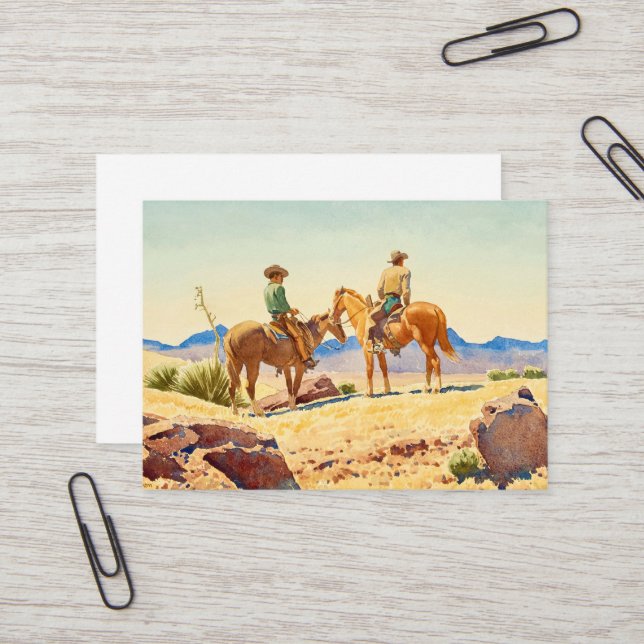 Carte De Visite Deux cowboys à cheval par Maynard Dixon (Devant/Arrière en situation)