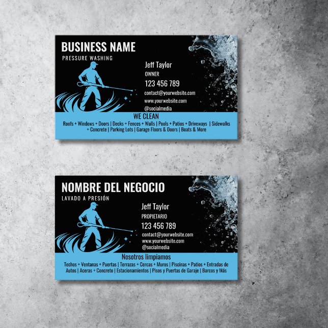 Carte De Visite Deux langues Lave-pression Lave-linge (spanish and english bilingual power washing business cards, black and blue)
