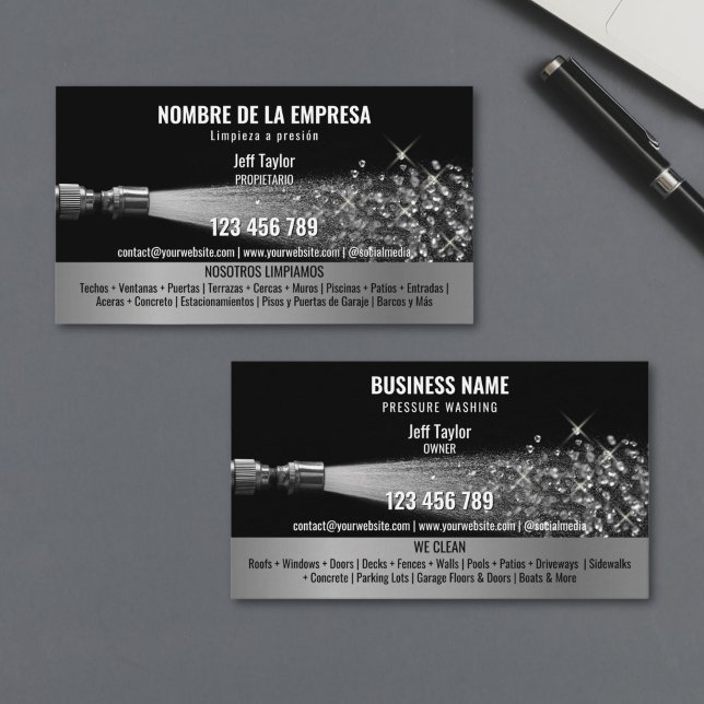 Carte De Visite Deux langues Lave-pression Lave-linge (A water hose spraying out diamonds instead of water, against a black background, high-resolution pho)
