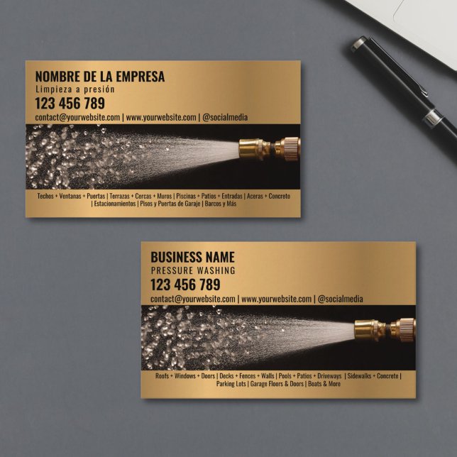 Carte De Visite Deux langues Lave-pression Lave-linge (A water hose spraying out diamonds instead of water, against a black background, high-resolution pho)