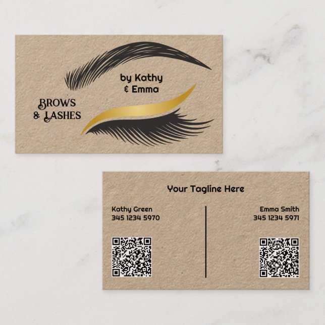 Carte De Visite Deux noms Brosses Lashes QR Kraft (Devant / Derrière)