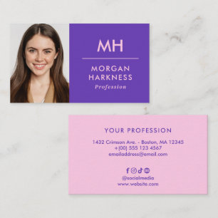 Carte De Visite Deux tons Violet Rose Minimal Photo & Monogramme