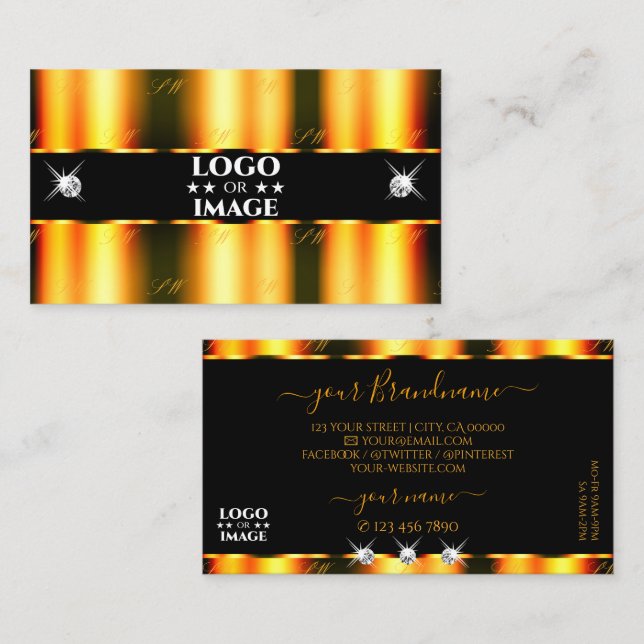 Carte De Visite Diamants brillants orange noir brillant avec logo (Devant / Derrière)