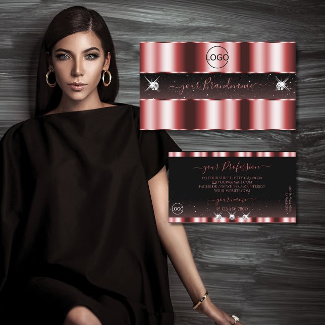 Carte De Visite Diamants brillants rouges et noirs élégants avec l (Créateur téléchargé)