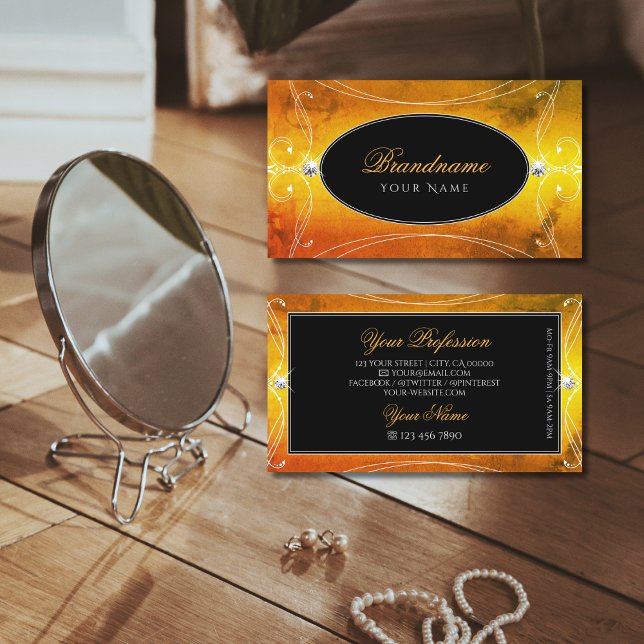 Carte De Visite Diamants d'étincelle Orange Noir Luxueux (Créateur téléchargé)