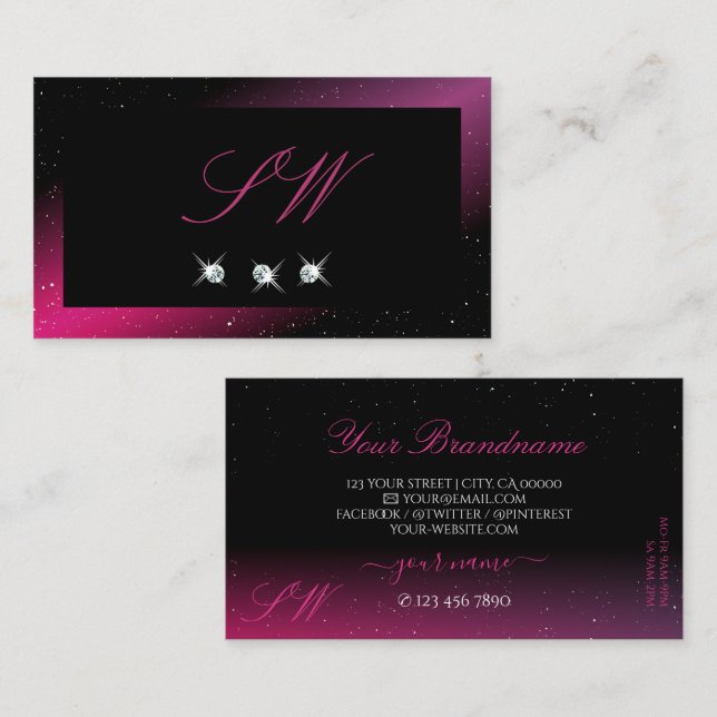 Carte De Visite Diamants d'étincelle rose noire moderne Initiales (Devant / Derrière)