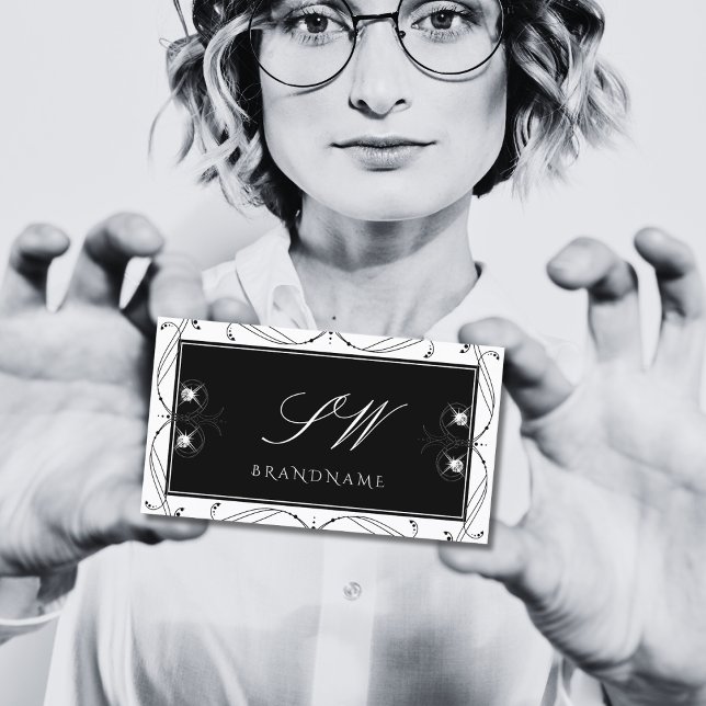 Carte De Visite Diamants étincelants noirs et blancs Initiales Orn (Créateur téléchargé)