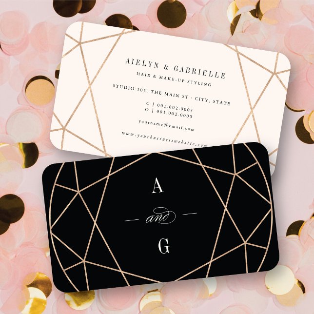 Carte De Visite Diamond Rose Gold Gemstone géométrique élégant (Double Monograms Diamond Rose Gold Gemstone Geometric Stylish Chic Business Card @ fatfatin)