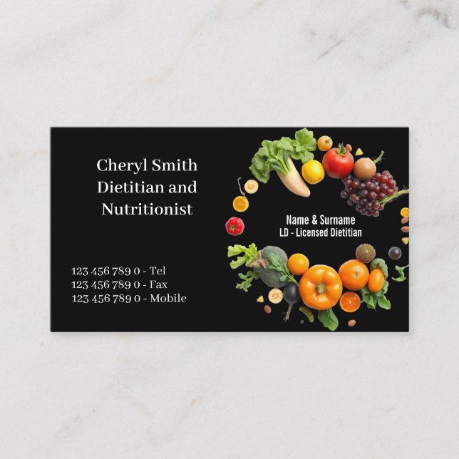 Carte De Visite Dietitian Nutritionist fruit vegetable color photo (Devant)