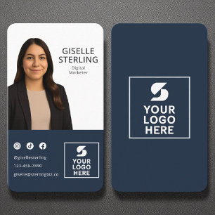 Carte De Visite Digital Marketer Marine bleu photo logo Portrait