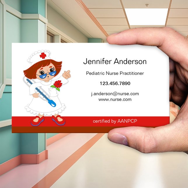 Carte de visite d'infirmière pédiatrique (Cute cartoon business card for a pediatric nurse or independent child health care consultant)