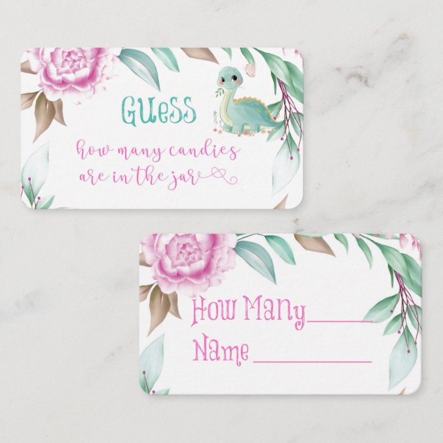 Carte De Visite Dinosaure Cute Peony Rose Combien De Candies Dans  (Devant / Derrière)